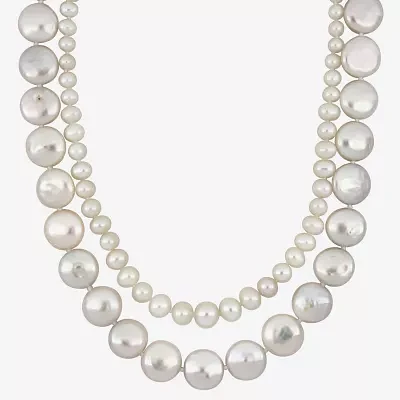 Womens White Cultured Freshwater Pearl Sterling Silver Strand Necklace