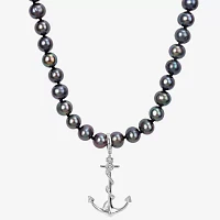 Mens Dyed Black Cultured Freshwater Pearl Sterling Silver Anchor Strand Necklace