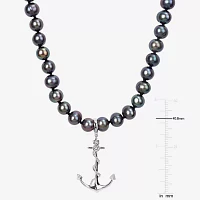 Mens Dyed Black Cultured Freshwater Pearl Sterling Silver Anchor Strand Necklace