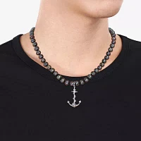 Mens Dyed Black Cultured Freshwater Pearl Sterling Silver Anchor Strand Necklace