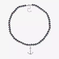 Mens Dyed Black Cultured Freshwater Pearl Sterling Silver Anchor Strand Necklace