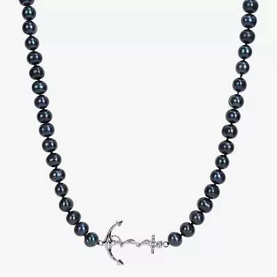 Mens Dyed Black Cultured Freshwater Pearl Sterling Silver Anchor Strand Necklace