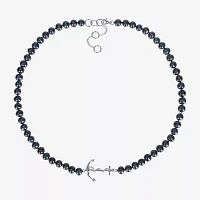 Mens Dyed Black Cultured Freshwater Pearl Sterling Silver Anchor Strand Necklace