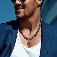 "Football" Mens Dyed Black Cultured Freshwater Pearl 18K Gold Over Silver Strand Necklace
