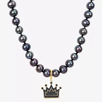 Mens Dyed Black Cultured Freshwater Pearl Sterling Silver Crown Strand Necklace