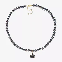 Mens Dyed Black Cultured Freshwater Pearl Sterling Silver Crown Strand Necklace