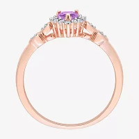 Womens Diamond Accent Genuine Purple Amethyst 18K Rose Gold Over Silver Heart Cocktail Ring