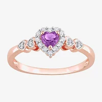 Womens Diamond Accent Genuine Purple Amethyst 18K Rose Gold Over Silver Heart Cocktail Ring