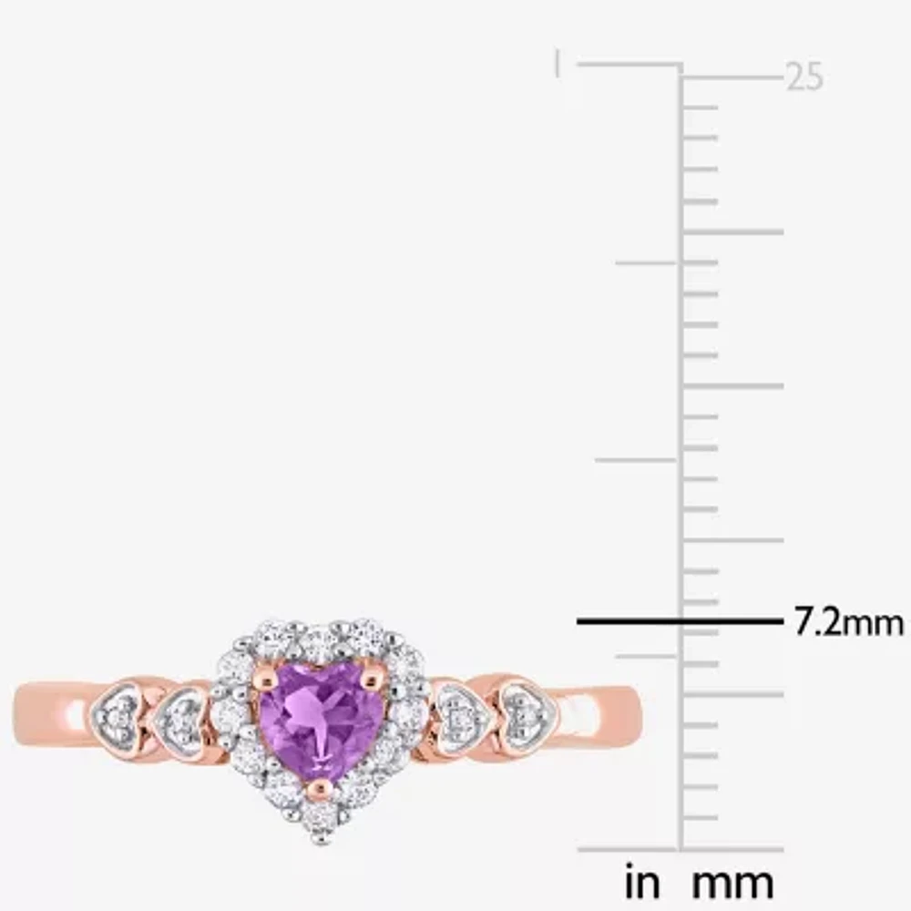 Womens Diamond Accent Genuine Purple Amethyst 18K Rose Gold Over Silver Heart Cocktail Ring