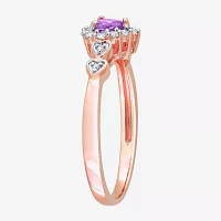 Womens Diamond Accent Genuine Purple Amethyst 18K Rose Gold Over Silver Heart Cocktail Ring