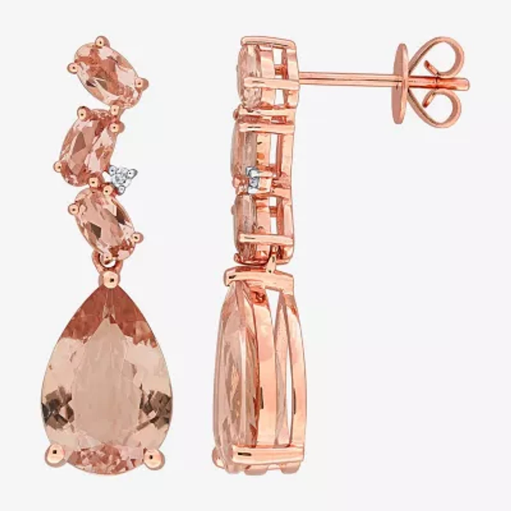 Womens Diamond Accent Genuine Pink Morganite 10K Rose Gold Pear Drop Earrings