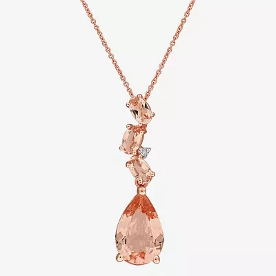 Womens Diamond Accent Genuine Pink Morganite 10K Rose Gold Pear Pendant Necklace