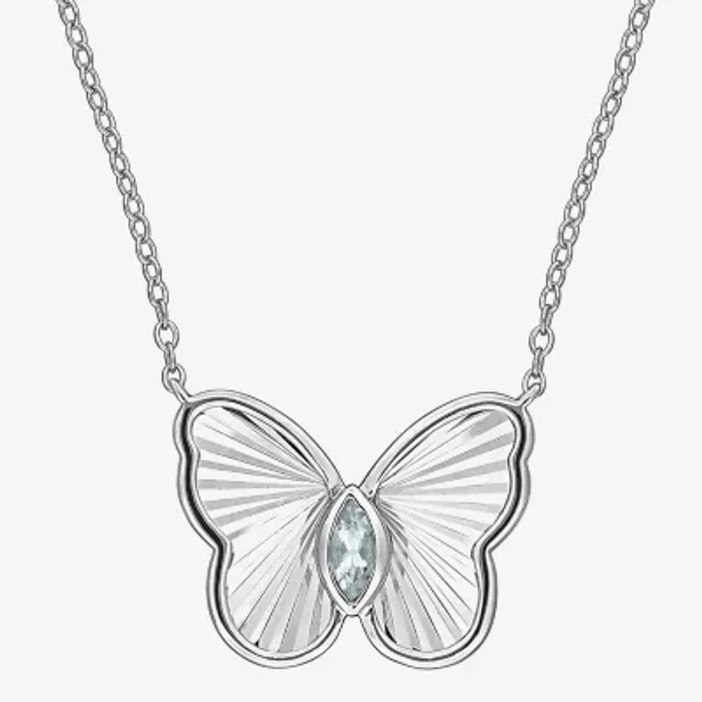 Womens Genuine Blue Aquamarine Sterling Silver Butterfly Pendant Necklaces