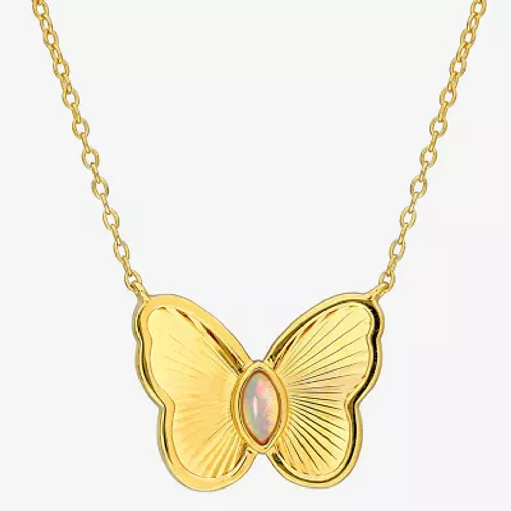 Womens Genuine White Opal 18K Gold Over Silver Butterfly Pendant Necklace