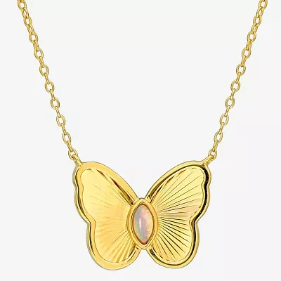 Womens Genuine White Opal 18K Gold Over Silver Butterfly Pendant Necklace