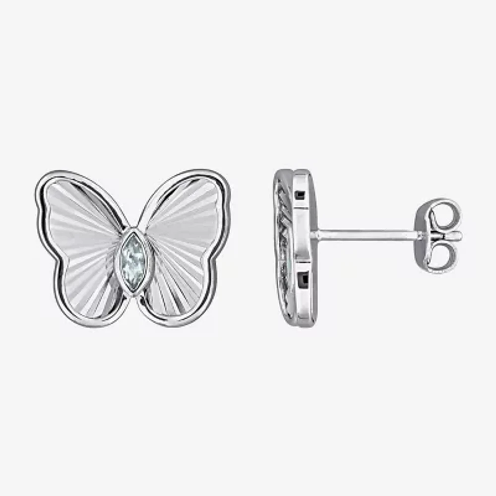 Genuine Blue Aquamarine Sterling Silver 12mm Butterfly Stud Earrings