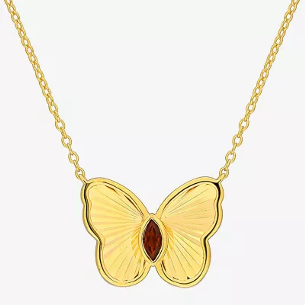 Womens Genuine Red Garnet 18K Gold Over Silver Butterfly Pendant Necklace