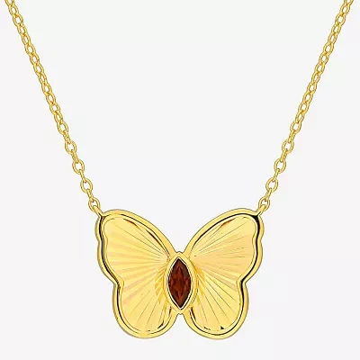 Womens Genuine Red Garnet 18K Gold Over Silver Butterfly Pendant Necklace