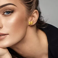 Genuine Yellow Citrine 18K Gold Over Silver 12mm Butterfly Stud Earrings