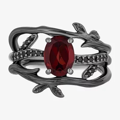 Enchanted Disney Fine Jewelry Womens 1/6 CT. T.W. Genuine Red Garnet Sterling Silver Oval Evil Queen Side Stone Cocktail Ring