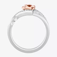 Enchanted Disney Fine Jewelry Womens 1/5 CT. Natural White Diamond 14K Rose Gold Over Silver Sterling Flower Beauty and the Beast Belle Princess Cocktail Ring