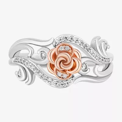 Enchanted Disney Fine Jewelry Womens 1/5 CT. Natural White Diamond 14K Rose Gold Over Silver Sterling Flower Beauty and the Beast Belle Princess Cocktail Ring