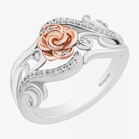 Enchanted Disney Fine Jewelry Womens 1/5 CT. Natural White Diamond 14K Rose Gold Over Silver Sterling Flower Beauty and the Beast Belle Princess Cocktail Ring