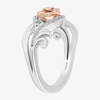 Enchanted Disney Fine Jewelry Womens 1/5 CT. Natural White Diamond 14K Rose Gold Over Silver Sterling Flower Beauty and the Beast Belle Princess Cocktail Ring