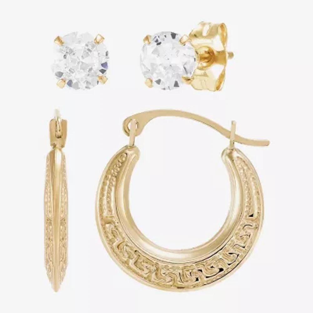 White Cubic Zirconia 10K Gold 2 Pair Earring Set