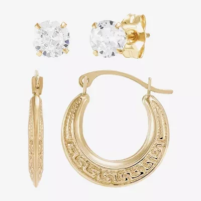 White Cubic Zirconia 10K Gold 2 Pair Earring Set