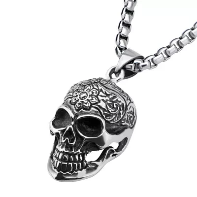 Stainless Steel Flower Skull Pendant Necklace