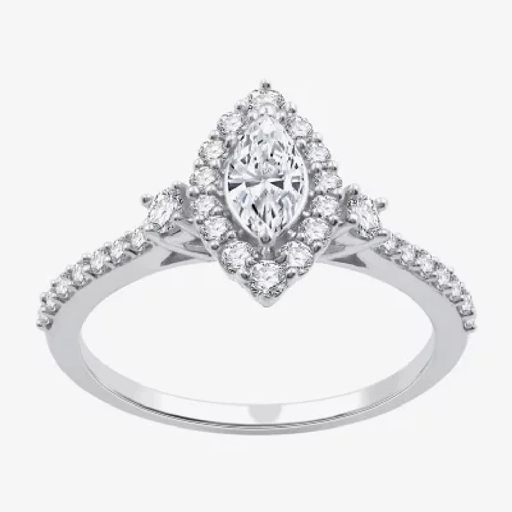I Said Yes (H-I / I1) Womens 3/4 CT. T.W. Lab Grown White Diamond Sterling Silver Marquise Side Stone Halo Engagement Ring