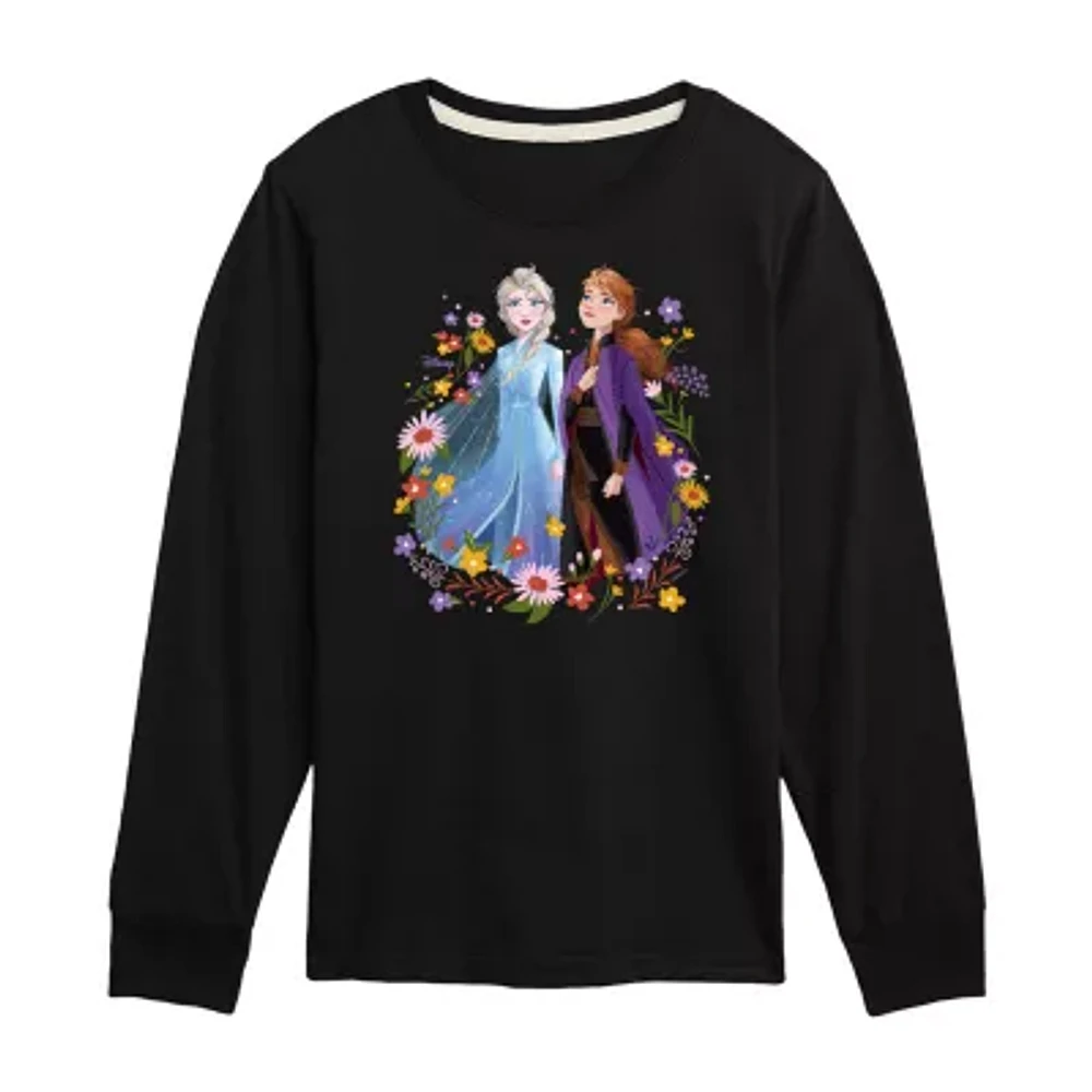 Disney Collection Little & Big Girls Crew Neck Long Sleeve Frozen Graphic T-Shirt