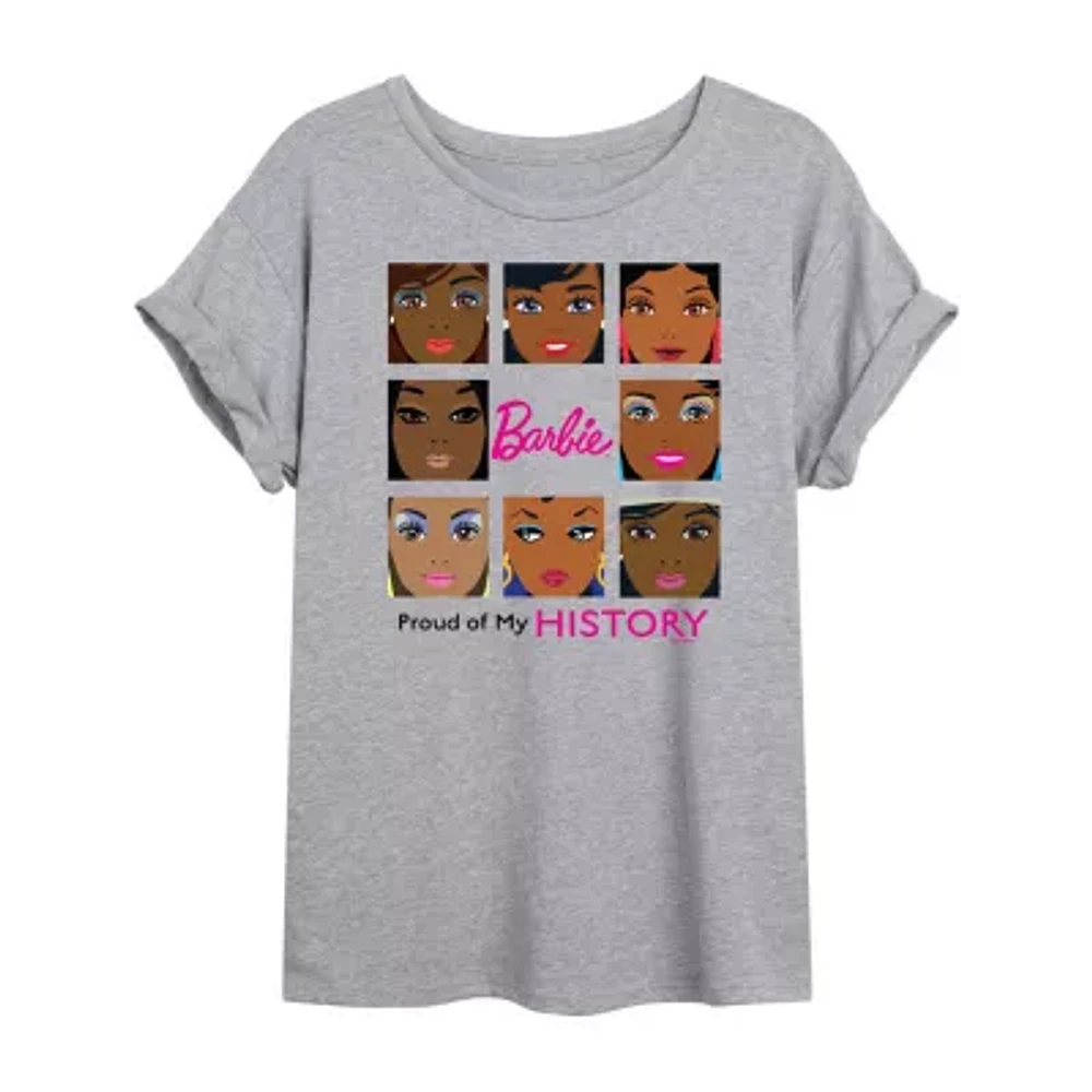 Juniors Barbie Proud Of My History Tee Womens Scoop Neck Short Sleeve Graphic T-Shirt