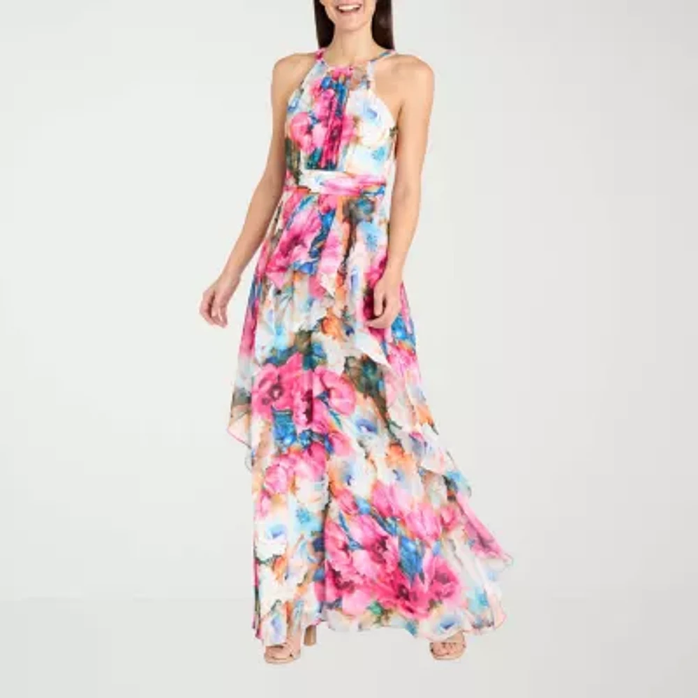 R & M Richards Womens Sleeveless Floral Evening Gown