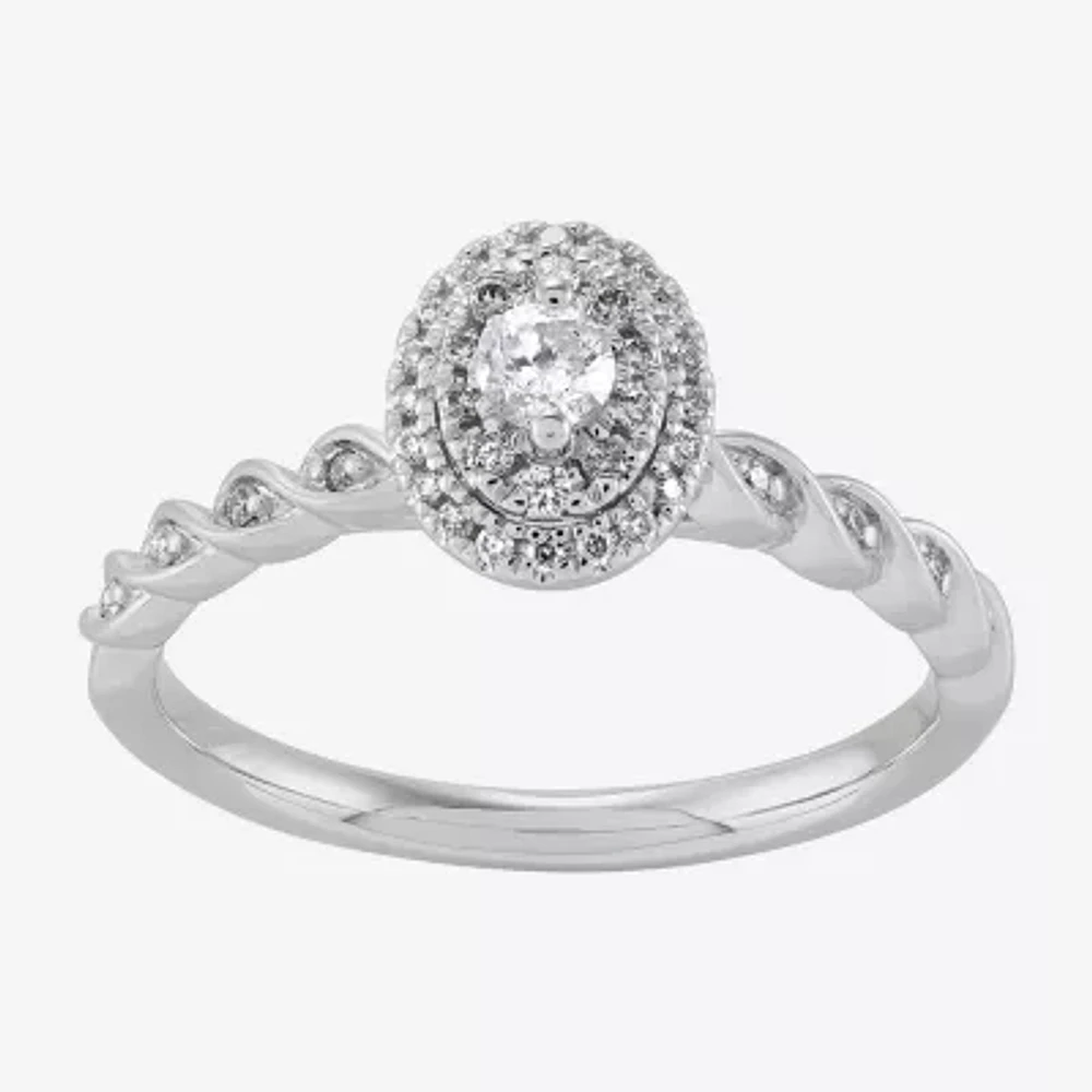 Womens 1/4 CT. T.W. Natural White Diamond 10K White Gold Oval Side Stone Engagement Ring