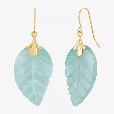 Leaf Genuine Green Jade 10K Gold Drop Earrings