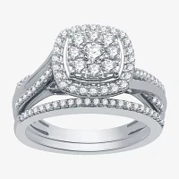 I Said Yes (H-I / I1) Womens 3/4 CT. T.W. Lab Grown White Diamond Sterling Silver Cushion Side Stone Halo Bridal Set