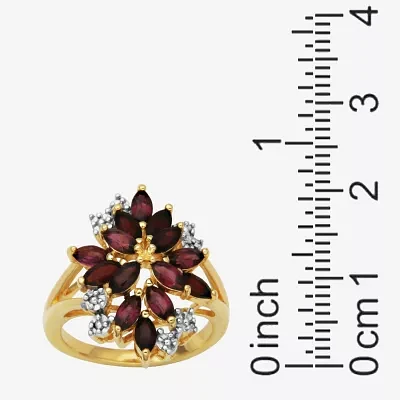 Womens Genuine Red Garnet 18K Gold Over Silver Flower Cluster Cocktail Ring