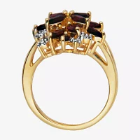 Womens Genuine Red Garnet 18K Gold Over Silver Flower Cluster Cocktail Ring