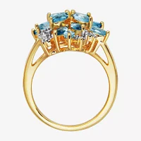 Womens Genuine Blue Topaz 18K Gold Over Silver Flower 3-Stone Cocktail Ring