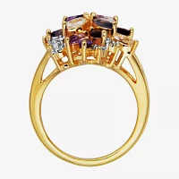 Womens Genuine Purple Amethyst 18K Gold Over Silver Flower 3-Stone Cocktail Ring