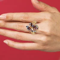 Womens Genuine Purple Amethyst 18K Gold Over Silver Flower 3-Stone Cocktail Ring