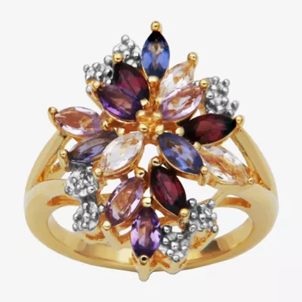 Womens Genuine Purple Amethyst 18K Gold Over Silver Flower 3-Stone Cocktail Ring