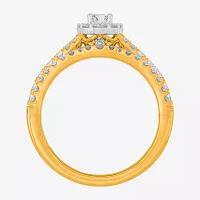 (H-I / Si1-Si2) Womens 1 1/2 CT. T.W. Lab Grown White Diamond 14K Gold Oval Side Stone Halo Bridal Set