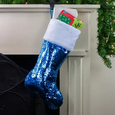 Northlight 22.75in Sky Blue And Silver Reversible Sequined With Faux Fur Cuff Christmas Stocking