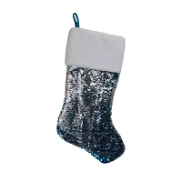 Northlight 22.75in Sky Blue And Silver Reversible Sequined With Faux Fur Cuff Christmas Stocking