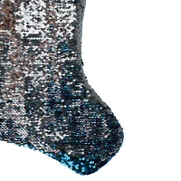 Northlight 22.75in Sky Blue And Silver Reversible Sequined With Faux Fur Cuff Christmas Stocking