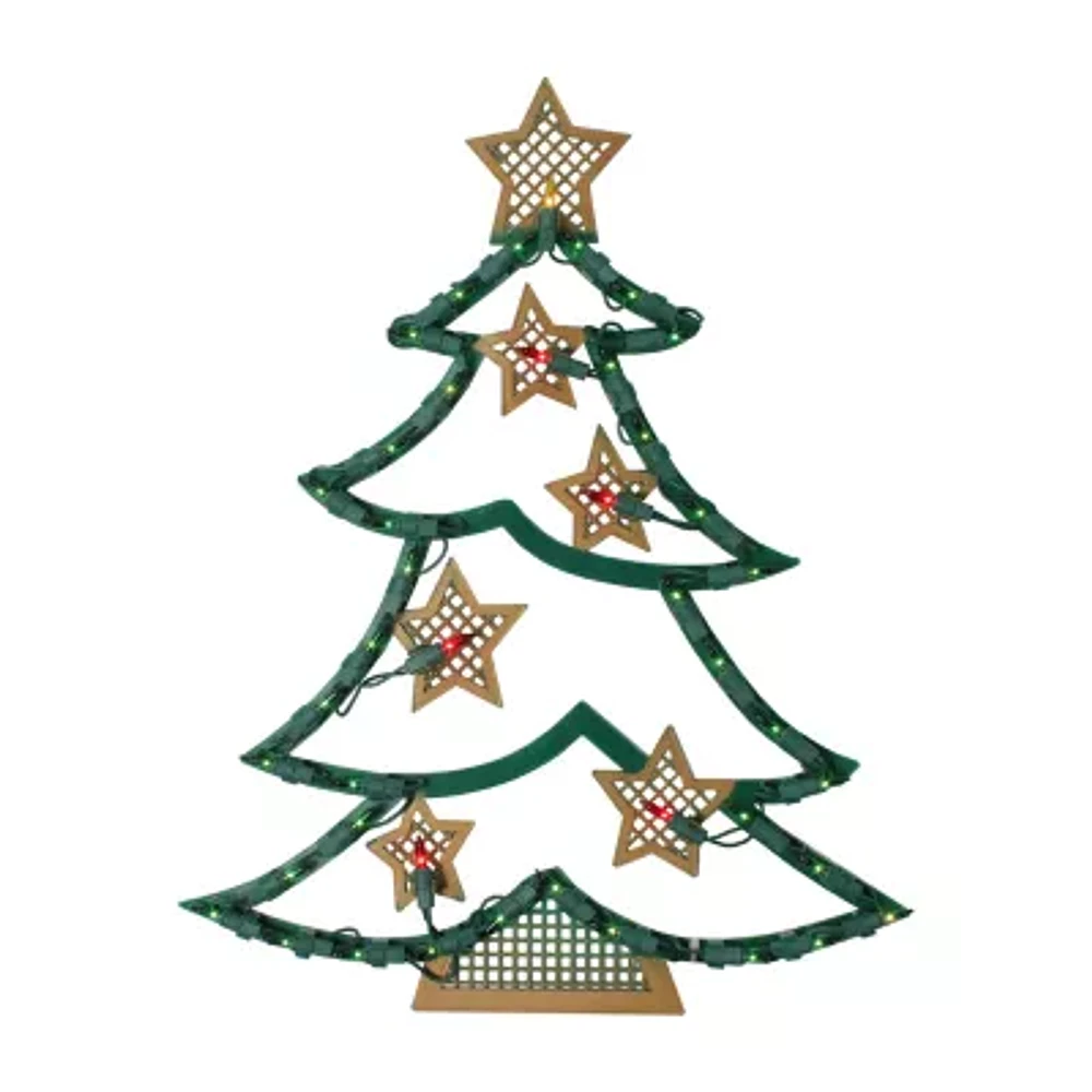 Northlight 17.75in Lighted Green And Gold Tree With Stars Silhouette Christmas Window Decor