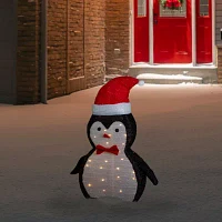 Northlight 28in Led Lighted Tinsel Penguin In Santa Hat Christmas Yard Art